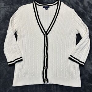 Chaps Cable Knit Cardigan Womens XL Preppy Academia Winter Sweater 3/4 Sleeve